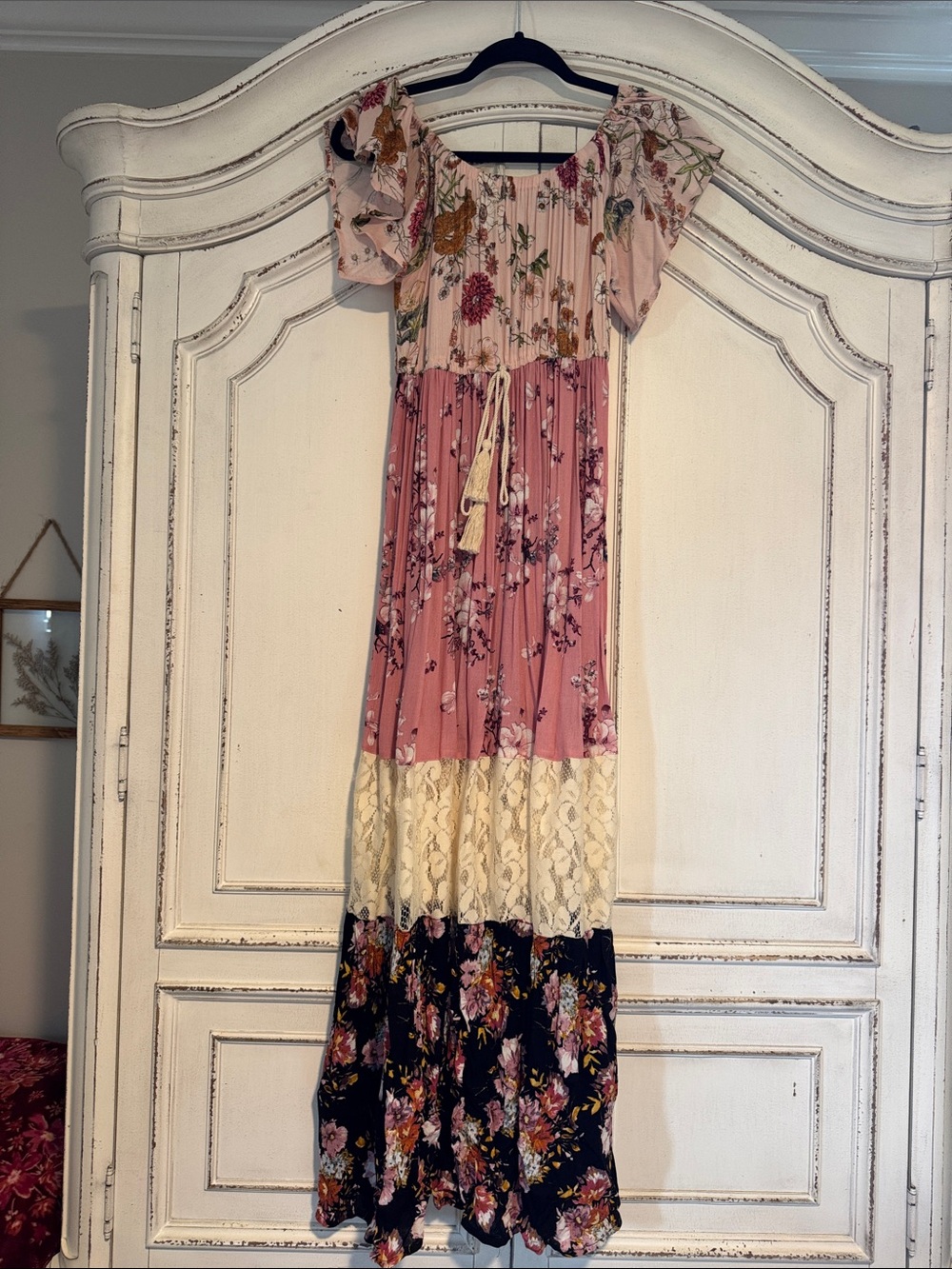 Umgee Mixed Floral Tiered Maxi Dress in Pink, Cream, and Black